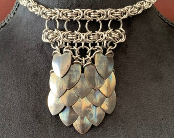 Scalemail Choker - The Morrigan - Heat Treated Stainless Steel Scales and Stainless Steel Byzantine Weave Chain