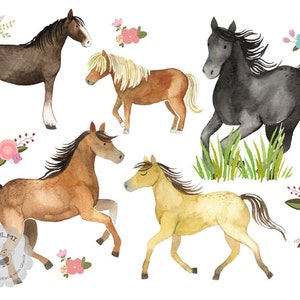 Pode incluir: Ilustração em aquarela de cinco cavalos em várias poses, com detalhes florais. Os cavalos são retratados em tons de marrom, preto e amarelo, com crinas e caudas esvoaçantes. Alguns cavalos estão em pé, outros correndo. A obra de arte tem um estilo artístico caprichoso.