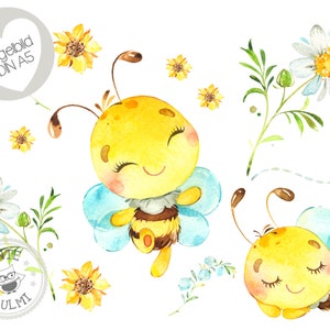 Może przedstawiać: Dwie akwarelowe ilustracje uroczych kreskówkowych pszczół z zamkniętymi oczami. Jedna pszczoła lata z niebieskimi skrzydłami, a druga śpi. Ilustracje otoczone są żółtymi słonecznikami i białymi stokrotkami.