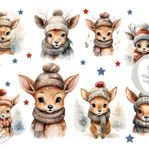 Könnte beinhalten: Ein digitales Papier mit einer Aquarell-Illustration von niedlichen Rehen, die Wintermützen und Schals tragen. Die Rehe sind in verschiedenen Posen und haben unterschiedlich farbige Mützen und Schals. Der Hintergrund ist weiß mit ein paar roten und blauen Sternen.