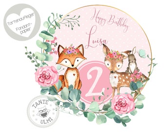 Cake topper fondente diametro 20 cm nome desiderato animali della foresta