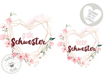 Bügelbild "Geschwister"große Schwester und kleine Schwester Herz Blumen