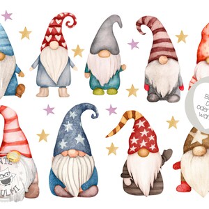 Può includere: Illustrazione ad acquerello di nove gnomi con cappelli e barbe di diversi colori. Gli gnomi sono in piedi su uno sfondo bianco con stelle. Il testo "Bogenbild DIN A5 oder DIN A4  wandbar" è nell'angolo in basso a destra dell'immagine.