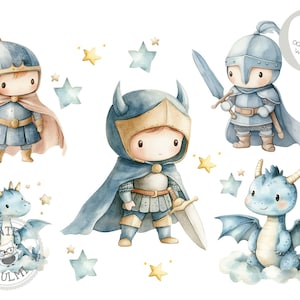 Può includere: Illustrazione ad acquerello di tre cavalieri blu e un drago blu con stelle sullo sfondo. I cavalieri indossano armature e mantelli blu. Il drago sta volando in aria con le ali spiegate. Il testo "Bugsbild DIN A5 oder DIN A4 Wandbild" è nell'angolo in alto a destra dell'immagine.