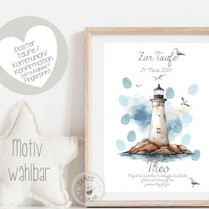 Empreinte digitale, autocollant, cake topper baptême/communion/naissance personnalisé motif phare au choix