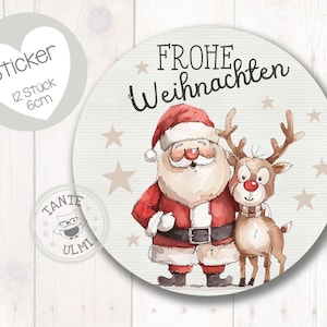 Könnte beinhalten: Runder Aufkleber mit einer Aquarell-Illustration von Santa Claus und einem Rentier. Der Aufkleber trägt den Text "Frohe Weihnachten" und Stern-Akzente. Ein herzförmiger Aufkleber links sagt "Sticker 12 Stück 6cm".