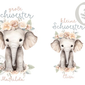 Könnte beinhalten: Zwei Aquarell-Illustrationen von Elefanten, die Blumenkränze tragen. Der größere Elefant ist mit "große Schwester" und "Mathilda" beschriftet. Der kleinere Elefant ist mit "kleine Schwester" und "Elisa" beschriftet.