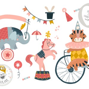 Op de afbeelding: Een kleurrijke illustratie van een circusscène met een roze olifant, een roze paard op een rood-wit platform, een tijger op een eenwieler en een roze-gele gestreepte tent.