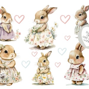 Può includere: Sei illustrazioni ad acquerello di coniglietti che indossano abiti con motivi floreali. I coniglietti sono in varie pose, alcuni tengono dei fiori. Lo sfondo è bianco con cuori rosa e blu.