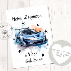 May include: A white card with blue watercolor splatters and a blue sports car illustration. The card says "Meine Zeugnisse" and "Vince Goldmann". A gray circle with a heart shape says "Mappe mit 20 Follen Für 40 Zeugnisse Größe A4".