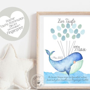 Empreinte digitale, autocollant, cake topper baptême/communion/naissance personnalisé baleine couleur sélectionnable