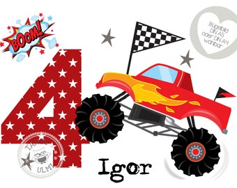 Iron-on picture “Desired name and number” monster truck