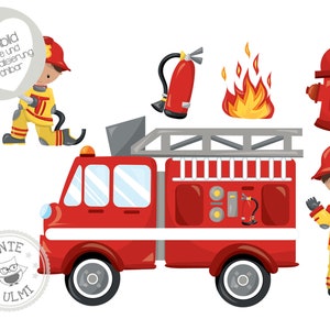 Könnte beinhalten: Ein rotes Feuerwehrauto mit einer Leiter, einem Hydranten, einem Feuerwehrmann, einem Feuerlöscher und Flammen. Das Feuerwehrauto hat einen weißen Streifen und einen gelben Stern an der Seite. Der Feuerwehrmann trägt einen gelben Helm und eine rote Jacke. Der Hydrant ist rot und hat eine gelbe Kappe. Der Feuerlöscher ist rot und hat einen gelben Griff. Die Flammen sind orange und gelb.