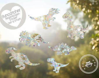 Juego de 6 pegatinas arcoíris atrapasol "Dinosaurios", varios tamaños, autoadhesivas para ventana, prisma, para habitación infantil.