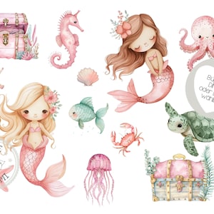 Könnte beinhalten: Aquarell-Illustration einer Meerjungfrau mit rosa-weißem Schwanz, einem Seepferdchen, einer Schildkröte, einem Krebs, einer Qualle, einem Oktopus und zwei rosafarbenen Schatztruhen. Der Text "Bugebild DIN A5 oder DIN A4 wahlbar" ist im Bild.