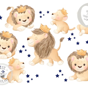 May include: Five watercolour illustrations of cute lion cubs wearing golden crowns. The cubs are in various poses, including sitting, standing, and lying down. The background is white with blue stars.
