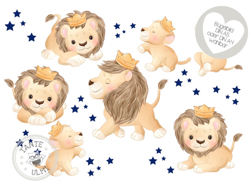 May include: Five watercolor illustrations of cute lion cubs wearing golden crowns. The cubs are in various poses, including sitting, standing, and lying down. The background is white with blue stars.