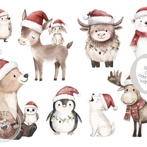 Könnte beinhalten: Ein digitaler Druckbogen mit Aquarell-Illustrationen verschiedener Tiere, die Weihnachtsmützen tragen. Die Tiere umfassen einen Igel, einen Esel, ein Kaninchen, einen Yak, einen Eisbären, einen Bären, einen Pinguin, einen Wolf und einen Elch. Der Text "Bügelbild DIN A5 oder DIN A4 wählbar" befindet sich in der rechten unteren Ecke.