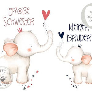 Könnte beinhalten: Eine Aquarell-Illustration von zwei Elefanten, einer größer als der andere, mit dem Text "GROBE SCHWESTER" und "kleiner BRUDER" darüber. Die Elefanten tragen Kronen und halten Herzen.