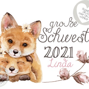 Könnte beinhalten: Eine Aquarell-Illustration von zwei Füchsen, die sich mit Blumen kuscheln, und dem Text "große Schwester 2021 Linda".