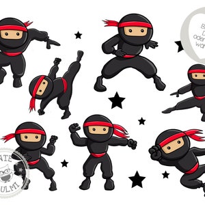 Könnte beinhalten: Ein Set mit neun schwarzen und roten Ninja-Illustrationen. Die Ninjas befinden sich in verschiedenen Posen, darunter Springen, Treten und Schlagen. Die Illustrationen befinden sich auf einem weißen Hintergrund.