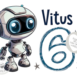 Puede incluir: Un robot de dibujos animados con cuerpo blanco, ojos azules brillantes y antenas. El número 6 es azul, con el nombre "Vitus" encima. Estrellas grises y un gráfico en forma de corazón también están presentes.