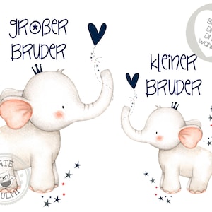 Könnte beinhalten: Aquarell-Illustration mit zwei weißen Elefanten mit Kronen, beschriftet mit "GROßER BRUDER" und "kleiner BRUDER". Jeder Elefant hat ein dunkelblaues Herz und ist von Sternen in Rot, Weiß und Blau umgeben. Ein kreisförmiges Logo mit einer Eule befindet sich unten links.