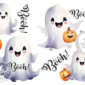 Peut inclure: Quatre illustrations à l'aquarelle de jolis fantômes avec des visages souriants et les bras tendus. Chaque fantôme tient une petite citrouille orange avec un visage souriant. Le texte "Booh!" apparaît quatre fois dans l'image, dans différentes tailles et styles.