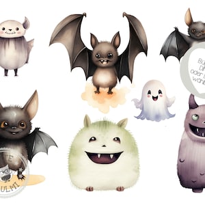 Può includere: Un set di illustrazioni carine a tema Halloween con varie creature, tra cui pipistrelli, un fantasma, un mostro e una creatura pelosa. Le illustrazioni sono realizzate in stile acquerello e sono perfette per aggiungere un tocco di fantasia alle tue decorazioni di Halloween.