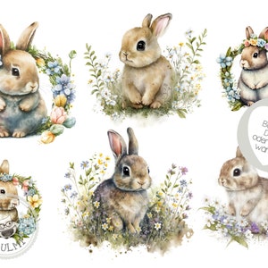 Könnte beinhalten: Fünf Aquarell-Illustrationen von niedlichen Hasen, umgeben von Blumen. Jeder Hase ist in einer anderen Pose und hat einen anderen Ausdruck. Die Hasen sind alle braun und weiß und haben lange Ohren. Die Blumen sind in Blautönen, Rosa und Gelb.