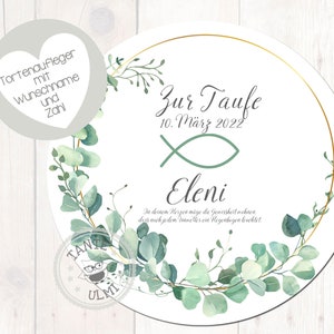 Cake topper battesimo fondente diametro 20 cm nome desiderato eucalipto