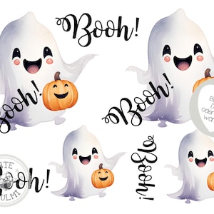 May include: Five watercolour illustrations of cute ghosts holding pumpkins with the word "Booh!" written in black cursive lettering. The text "Bügelbild DIN A5 oder DIN A4 wahbar" is also included in the image.