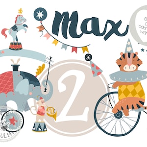 Könnte beinhalten: Eine Illustration im Zirkus-Stil mit einem Tiger auf einem Fahrrad, einem Elefanten, einem Pferd und einem Affen. Das Wort "Max" ist in Dunkelblau geschrieben, mit der Zahl "2" in einem beigen Kreis. Zusätzlicher Text ist vorhanden.