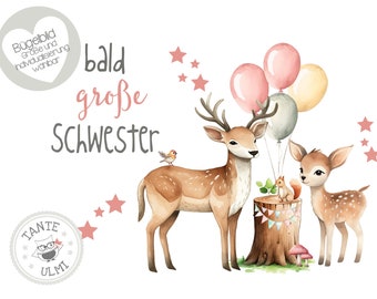 Bügelbild "Geschwister" bald große Schwester/große Schwester + Jahreszahl/Name Waldtiere Reh