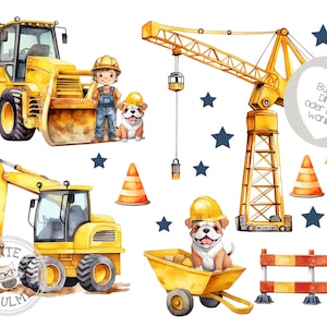 Peut inclure: Illustration à l'aquarelle sur le thème de la construction, avec des engins de chantier jaunes, des ouvriers et un bouledogue. On y trouve une chargeuse frontale, une excavatrice, une grue et une brouette. Des étoiles bleues foncées et des cônes de signalisation sont également présents.