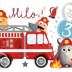 May include: A red fire engine with a ladder on top. Two furry orange and grey monsters are riding in the engine. The engine has a white stripe and a yellow fire extinguisher on the side. The text "Milo" is written in red on a white background. The number "3" is written in white on a blue circle. The text "Bugebild DIN A5 oder DIN A4 wahlbar" is written in black on a grey circle.