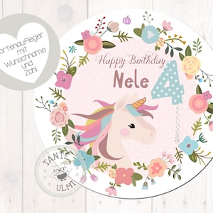 Taarttopper fondant diameter 20 cm gewenste naam eenhoorn bloemenkrans