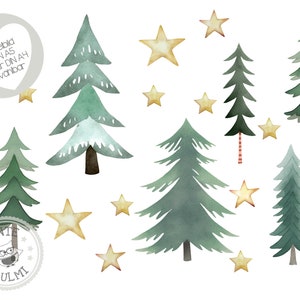 Könnte beinhalten: Aquarell-Illustration einer winterlichen Waldszene mit grünen Tannenbäumen und goldenen Sternen. Der Text "Bugebild DIN A5 oder DIN A4 wahlbar" befindet sich in einem grauen Kreis oben im Bild. Der Text "Tante Ulmi" befindet sich in einem Kreis mit einer Eule unten im Bild.