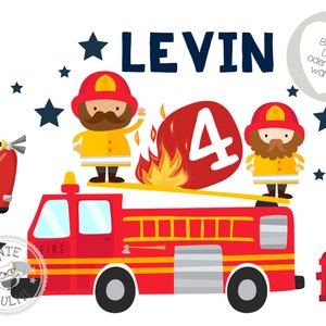 Può includere: Un camion dei pompieri rosso con una scala gialla e il numero 4 sul lato. Due pompieri sono in piedi sulla scala, uno tiene un tubo antincendio e l'altro un estintore. Il testo "LEVIN" è scritto in lettere blu sopra il camion. Il testo "Bügelbild DIN A5 o DIN A4 wahibar" è scritto in lettere grigie nell'angolo in alto a destra dell'immagine.