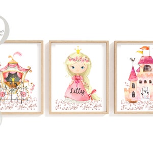 Children's room pictures 3 pieces print A4 princess with name and hair color selectable