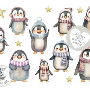 Op de afbeelding: Een set van tien aquarel illustraties van pinguïns die sjaals en hoeden dragen. De pinguïns zijn allemaal in verschillende kleuren en hebben verschillende uitdrukkingen. De illustraties zijn perfect om een ​​toets van winterse vrolijkheid toe te voegen aan elk project.