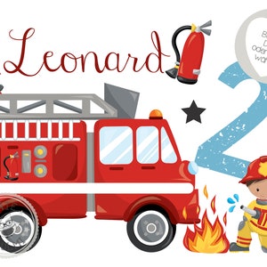 Könnte beinhalten: Ein rotes Feuerwehrauto mit einer Leiter und einem Feuerwehrmann oben drauf. Das Auto spritzt Wasser aus einem Schlauch auf ein Feuer. Ein zweiter Feuerwehrmann hält den Schlauch. Die Zahl 2 ist im Hintergrund mit dem Text "Bugelbild DIN A5 oder DIN A4  wahlbar".