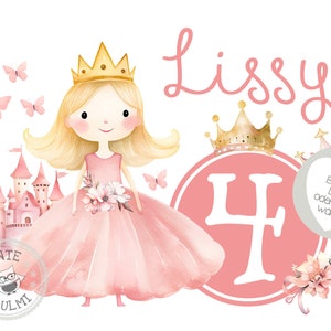 Puede incluir: Una ilustración acuarela rosa de una princesa con cabello rubio que lleva una corona dorada y un vestido rosa. La princesa sostiene un ramo de flores rosas. La ilustración también incluye un castillo rosa, mariposas y el número 4 en un círculo rosa. El texto "Lissy" está escrito en cursiva rosa.