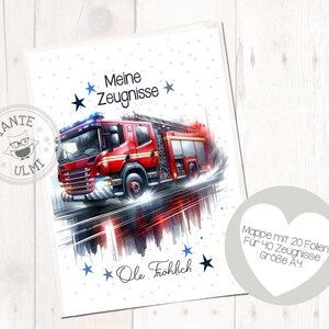 Pode incluir: Porta-documentos A4 com uma ilustração de um camião de bombeiros vermelho, o texto "Meine Zeugnisse" e "Ole Fröhlich". O design inclui estrelas azuis e um rótulo em forma de coração com texto. O logótipo Tante Ulmi também é visível.