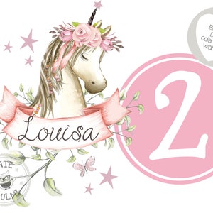 Iron-on image with desired name and number unicorn