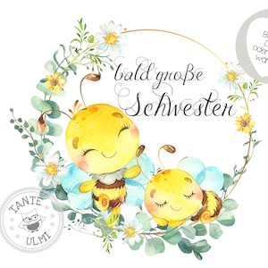 Może przedstawiać: Aquarela przedstawiająca dwie urocze pszczoły otoczone wieńcem kwiatowym. W środku wieńca widnieje napis "bald große Schwestern".