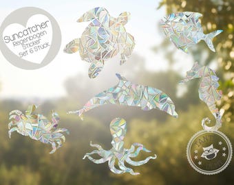 Set di 6 adesivi acchiappasole "Creature marine" arcobaleno di varie dimensioni. Adesivi autoadesivi per finestre, prisma per la cameretta dei bambini.