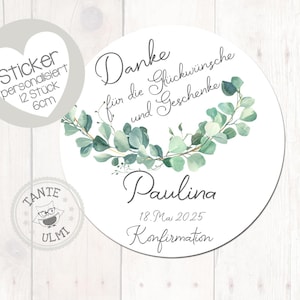 Aufkleber Danke Kommunion Konfirmation Taufe mit Namen und Datum 12 Stück  6cm