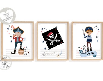 Images chambre d'enfant 3 pièces imprimées pirates A4 avec nom au choix