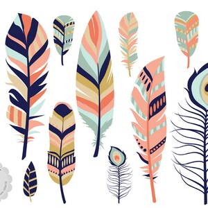 Op de afbeelding: Een set van 12 kleurrijke veren met verschillende patronen en ontwerpen. De veren zijn in tinten roze, blauw, groen en goud. De veren zijn perfect voor knutselen, scrapbooking of decoreren.